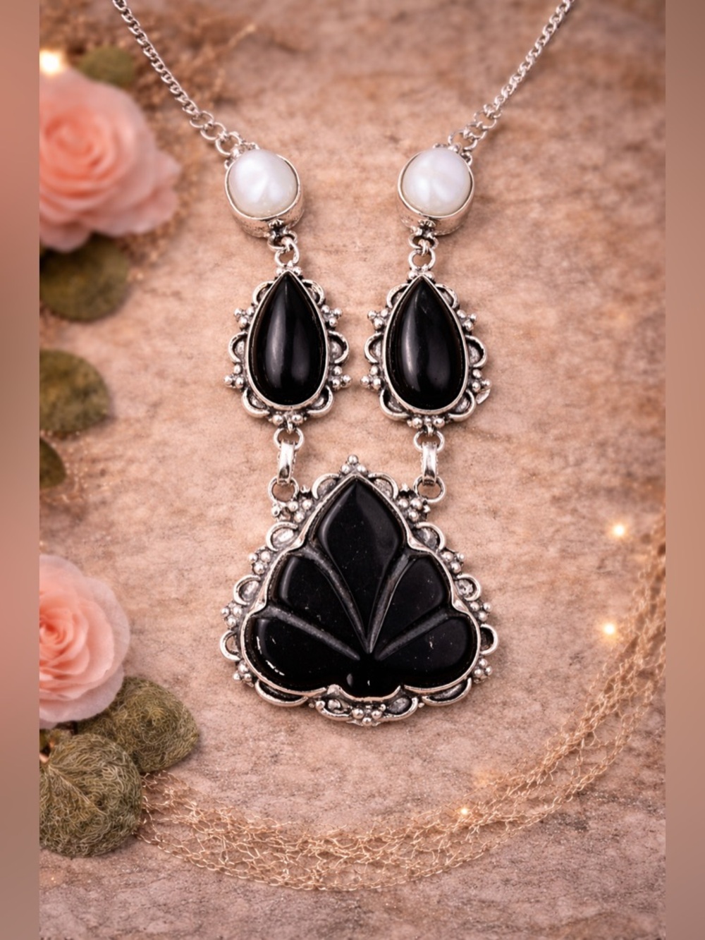 🖤Vintage Carved Black Onyx & Pearl Bold Statement Necklace • Sterling Silver 925 - Picture 2 of 6